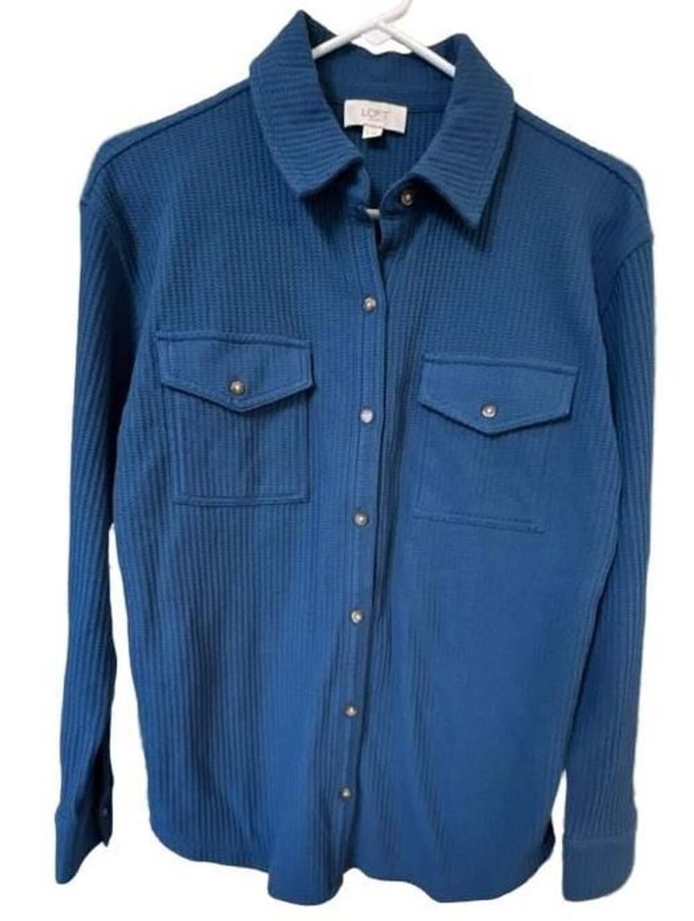 LOFT Outlet Blue Waffle Weave Long Sleeve Button Up Shirt Top Pocket Size S